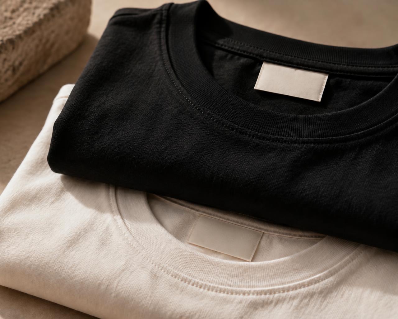 Detalhe de gola e tecido de camisetas dobradas em preto e off-white